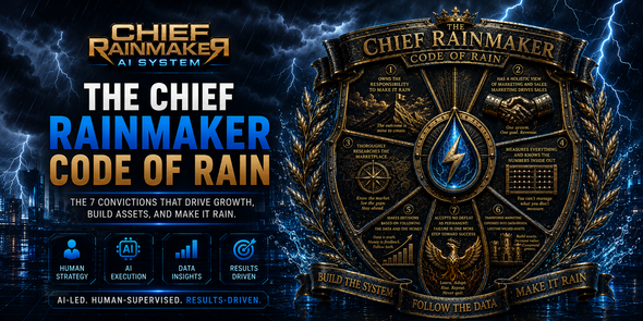 The Code of Rain Crest featuring the seven core convictions of a Chief Rainmaker: responsibility, marketing leadership, marketplace research, measurement, data-driven decision making, asset building, and resilience.