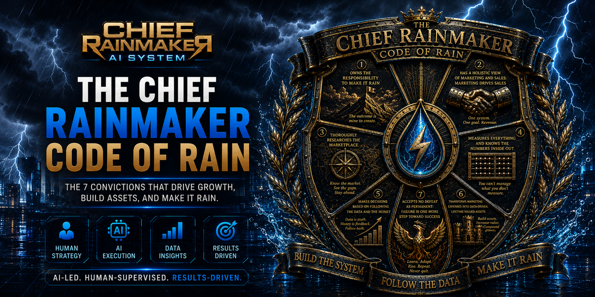 The Code of Rain Crest featuring the seven core convictions of a Chief Rainmaker: responsibility, marketing leadership, marketplace research, measurement, data-driven decision making, asset building, and resilience.