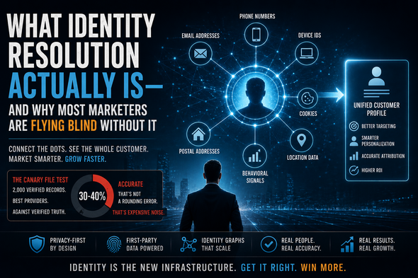 Illustration of identity resolution technology showing multiple customer identifiers—including email addresses, phone numbers, device IDs, location data, and behavioral signals—being connected into a unified customer profile for more accurate targeting and attribution.