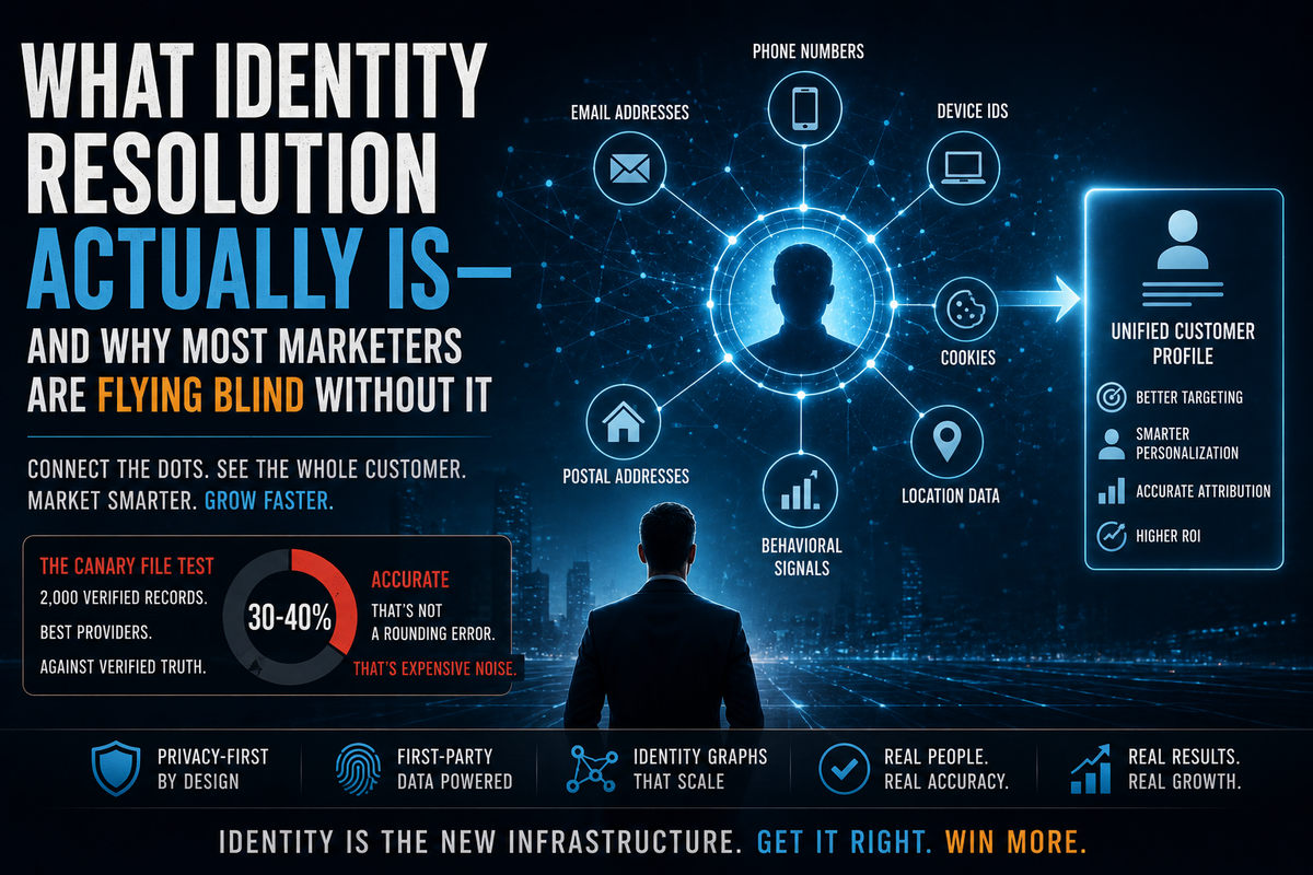 Illustration of identity resolution technology showing multiple customer identifiers—including email addresses, phone numbers, device IDs, location data, and behavioral signals—being connected into a unified customer profile for more accurate targeting and attribution.