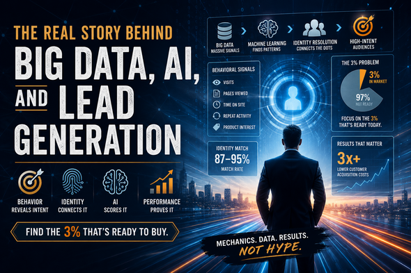 A futuristic visualization of big data, artificial intelligence, identity resolution, and lead generation showing how behavioral signals are transformed into high-intent audiences through data-driven marketing systems.