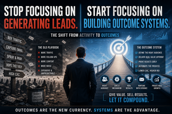Business leader standing between two worlds: outdated lead generation tactics on one side and modern AI-powered outcome systems on the other, illustrating the shift from chasing leads to building predictable growth systems.
