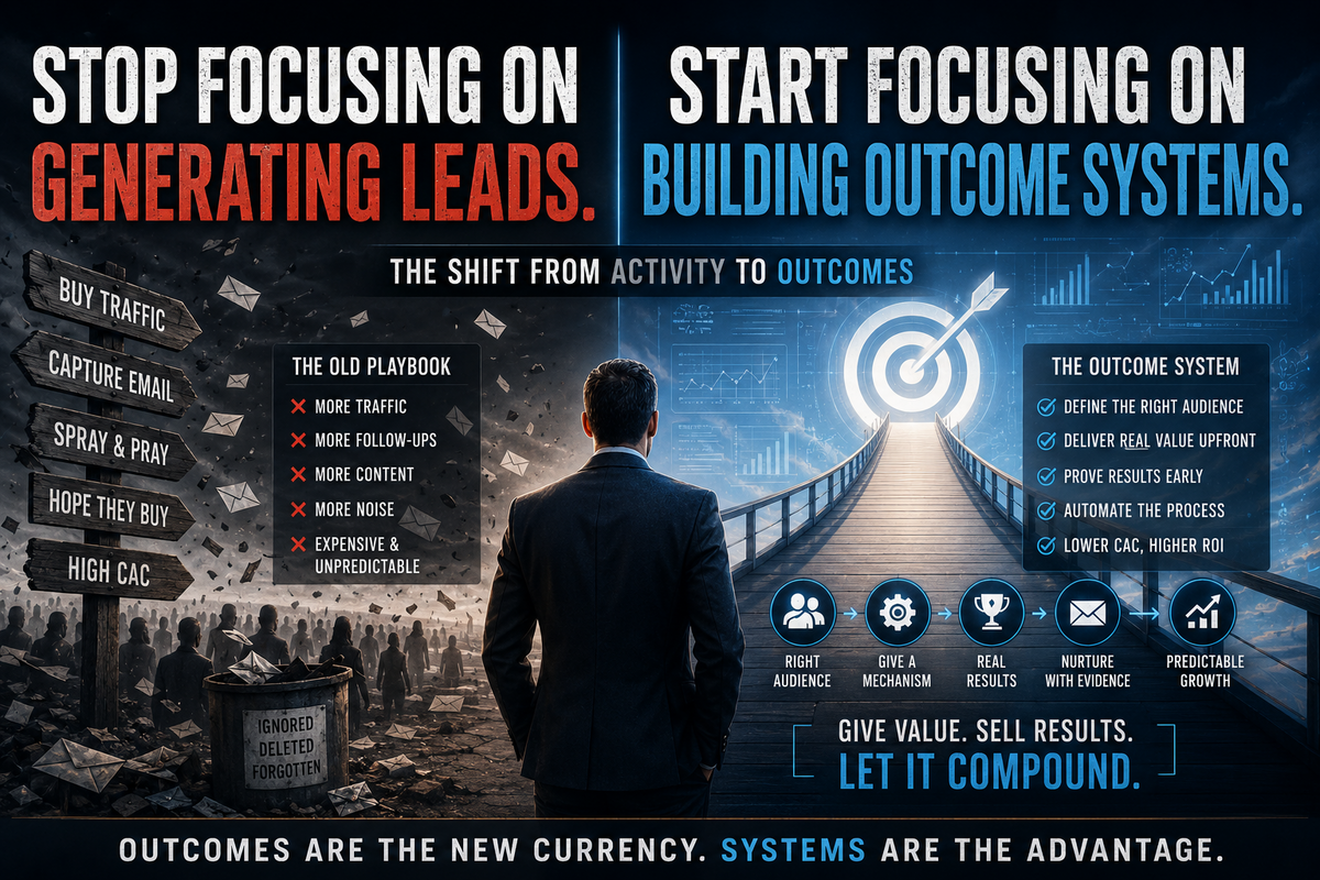 Business leader standing between two worlds: outdated lead generation tactics on one side and modern AI-powered outcome systems on the other, illustrating the shift from chasing leads to building predictable growth systems.
