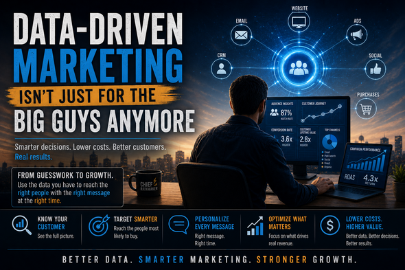 Data-driven marketing dashboard showing customer insights, audience segmentation, CRM data, website analytics, email engagement, and campaign performance metrics working together to help businesses make smarter marketing decisions.